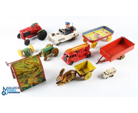 Period Tinplate Clockwork &amp; Frictions Vehicles, a collection of well used toys with noted items Met Toy tractor, a tinpla