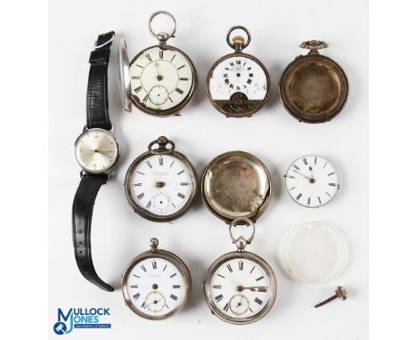 Silver Pocket Fob Watch Spares &amp; Repair Collection, 5 silver hallmarked cases - pocket watches, with enamel dials and mak