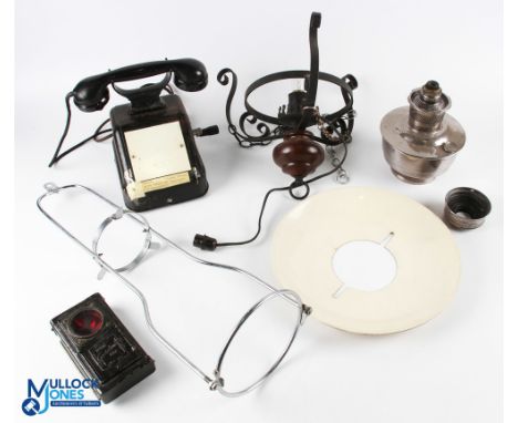Collectables items, to include a vintage reception telephone with metal body, Bakelite handset and magneto, Aladin hanging oi