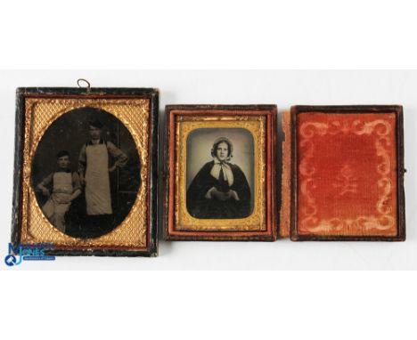 2x c1880 Ambrotype Photographs, with original cases, an image of a lady portrait with bonnet and gloves, a pair of industrial