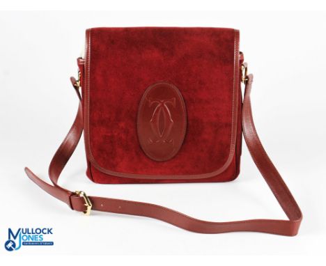 Vintage Must de Cartier Shoulder Bag Bordeaux red suede leather, size is 27.5cm x 26cm x 4.5cm - light used condition, in a c