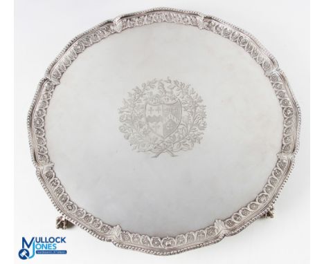 Large George II Crest Engraved Silver Salver by John Carter II 1771 shaped beaded rim with repeat floral border with central 