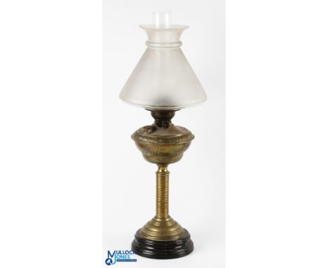 Brass Duplex Oil Lamp, all complete with chimney and shade on a black ceramic base #66cm tall. Collection recommended