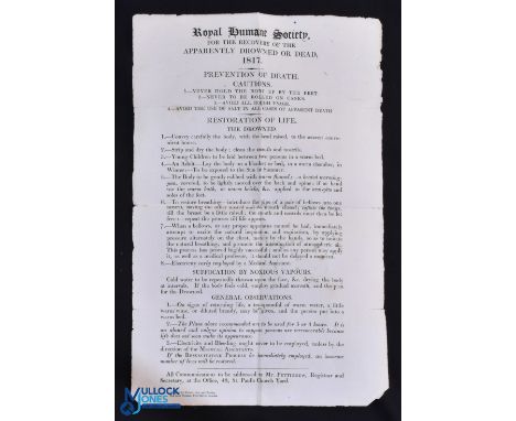 Medical - broadside issued by the Royal Humane Society 'for the recovery of the apparently drowned or dead' dated 1817. 1p la