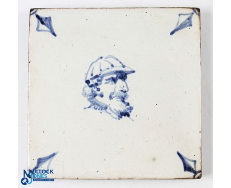 Delft style 6" x 6" Tile, with a distinguished gent portrait wearing cap, came with cricket items - might be an impression of