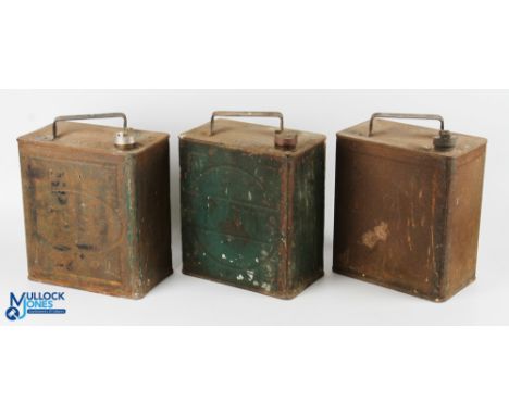 3x Vintage Petrol Cans, Esso, Pratts, BP - a good Pratts can with some original green paint on it with correct brass cap, an 