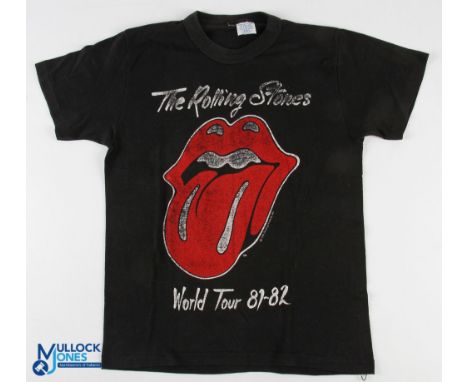 Music - 1981/82 The Rolling Stones World Tour Vintage T-Shirt in black, with 'Sportswear' labelled t-shirt size M, age relate