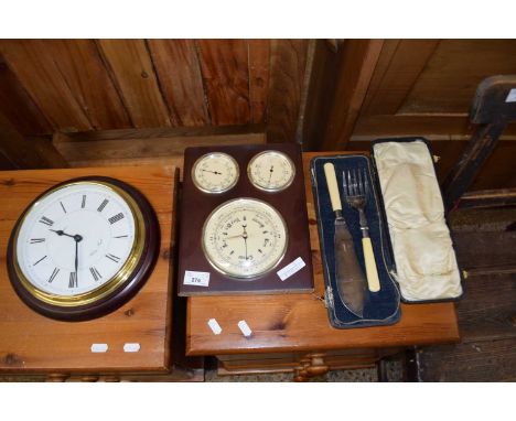 MIXED LOT:  WALL CLOCK, BAROMETER AND CASED FISH SERVERS