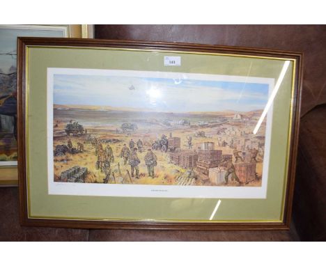 COLOURED PRINT FALKLANDS WAR INTEREST, AJAX BAY 4TH JUNE 1982, FRAMED AND GLAZED