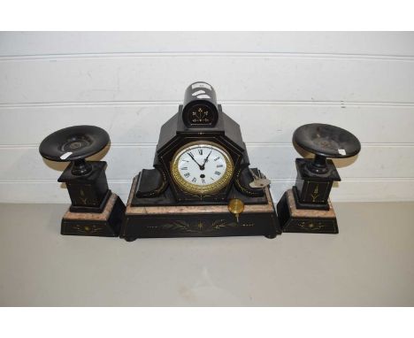 LATE VICTORIAN THREE PIECE CLOCK GARNITURE IN SLATE AND MARBLE