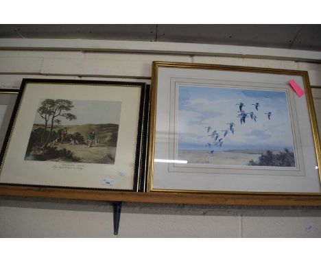 A PAIR OF REPRODUCTION SHOOTING PRINTS TOGETHER WITH A FURTHER COLOURED PRINT AND A COLOURED PRINT OF GEESE (3)