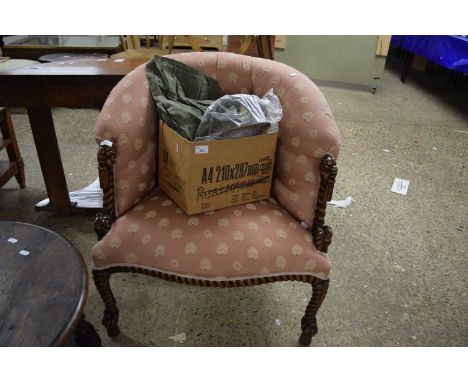 VICTORIAN STYLE BUTTON BACK ARMCHAIR WITH TURNED WOODEN FRAME