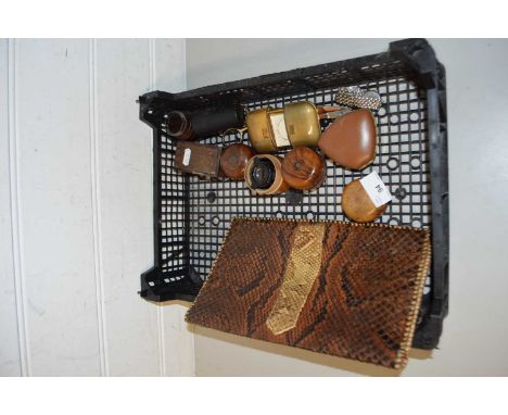 BOX OF VARIOUS MIXED ITEMS TO INCLUDE TRAVEL CLOCK, SNAKESKIN BAG, VARIOUS SMALL WOODEN CONTAINERS ETC