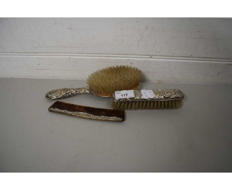 TWO SILVER BACK DRESSING TABLE BRUSHES AND A FURTHER COMB