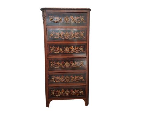 the moulded marble top resting on six inlaid drawers with brass drop handles, all raised on bracket feet, 68 cm wide