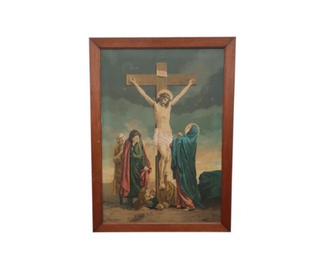 crucifixion scene, oleograph in oak frame, 68 x 98 cm