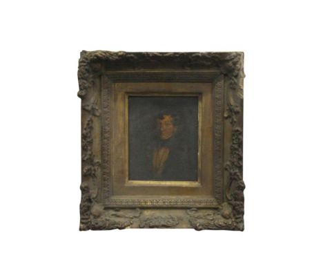 miniature portrait of a gent seated in a three quarter pose, oil on board, in gilt gesso frame