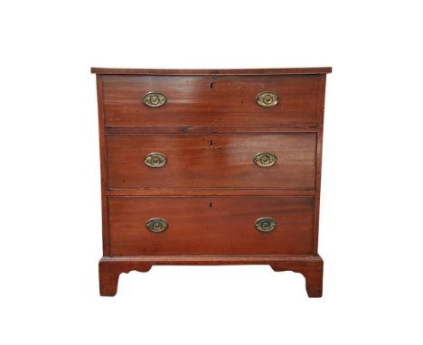 the inlaid rectangular top resting on three graduated drawers with brass drop handles, all raised on bracket feet, 78 cm wide