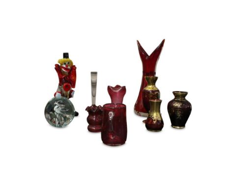 comprising of a Murano glass clown, paperweight, ruby, cranberry and other coloured glass examples