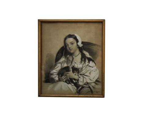 portrait of young girl, black and white engraving, signed A. Maubant, 1849