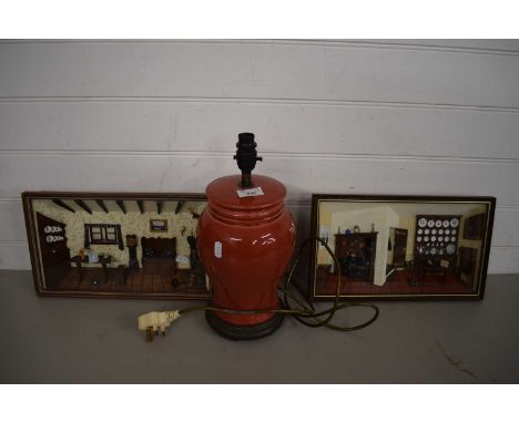 TWO FRAMED AND GLAZED INTERIOR DIORAMA PICTURES BY DEBRA PACY, TOGETHER WITH A TABLE LAMP BASE (3)