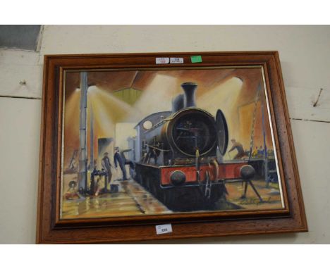 KENNETH GRANT (British, 20th century), A steam engine in a railyard, oil on canvas, signed, 15.5 x 21.5ins