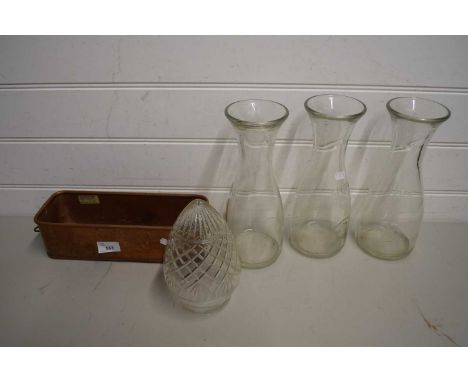 MIXED LOT OF GLASS LITRE BOTTLES AND A GLASS LIGHT SHADE AND A SMALL COPPER PLANTER