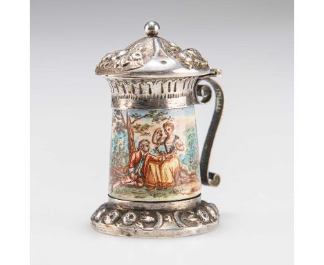 A VIENNESE SILVER AND ENAMEL MINIATURE TANKARD, LATE 19TH CENTURY painted with a courting couple in a landscape, the hinged c