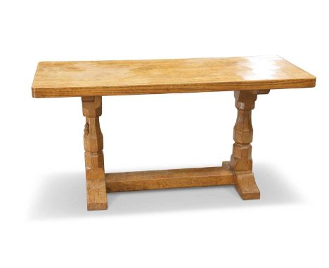 ROBERT THOMPSON OF KILBURN, A MOUSEMAN OAK COFFEE TABLE the adzed rectangular top raised on a refectory base, with carved mou