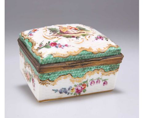 A MEISSEN GILT METAL-MOUNTED SNUFF BOX, CIRCA 1770 rectangular with osier type moulding, the hinged cover painted with a cour