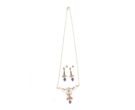 A modern 9ct gold, amethyst and half-cultured-pearl open necklace in Edwardian style. With a pair of matching pendent earring