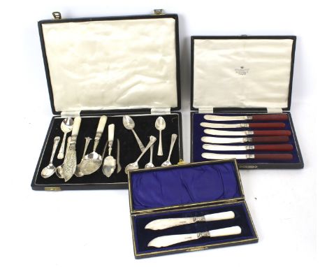 A collection of plated flatware, in boxes, including various examples with mother of pearl handles and a set of six tea knive