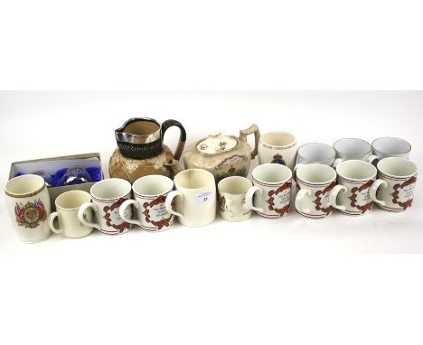 A collection of assorted commemorative ceramics.  Including Doulton Lambeth silver mounted Queen Victoria jug, teapot and mug