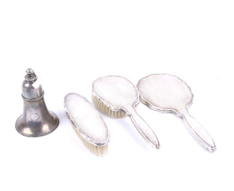 A 'Regent plate' bell-shaped table lighter and a dressing table set; The lighter with reed and ribbon and beaded bands and in