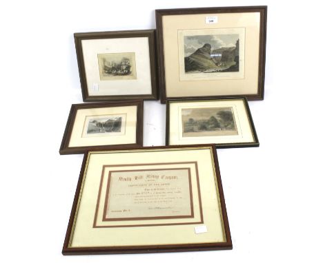 Four hand coloured engravings and a Somerset Mining Share certificate. The certificate stating 'Mendip Hills  Mining Company 