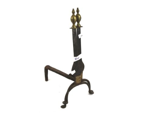 A brass and wrought iron pair of fire dogs, coal bucket and tools. Including shovel, tongs and poker. Dogs H54cm