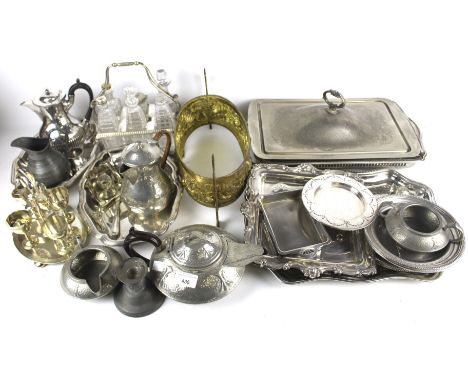 A group of assorted metalware. Including a pewter arts and crafts tea and coffee service and a quantity of plated items, incl