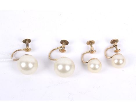A pair of Chinese export 8.3mm diameter cultured-pearl earrings. With screw fittings stamped 'WK' &amp; '14K'; together with 