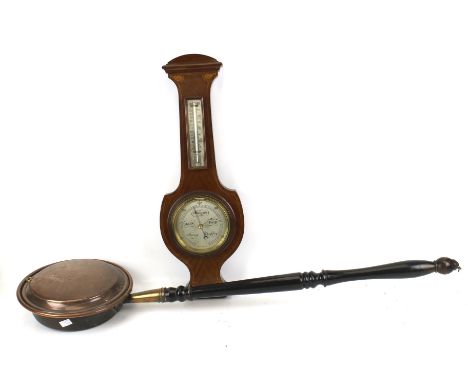 A copper bed warming pan and wall banjo barometer. An Edwardian inlaid mahogany barometer L60cm and a warming pan with long e