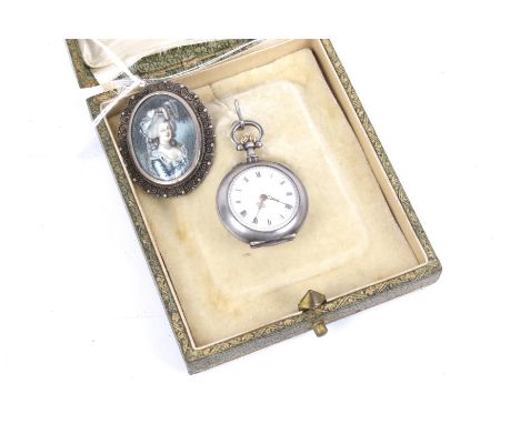 A French silver cased open face keyless fob watch. The white enamelled dial with black Roman numerals, the frost-gilded bar c