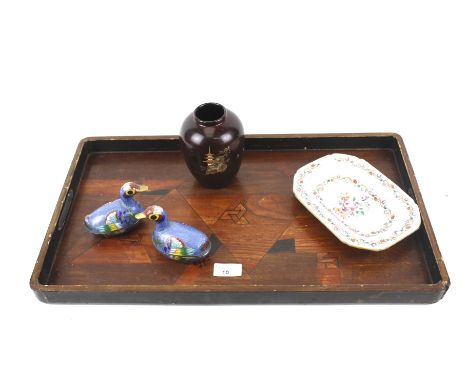 A vintage wooden tray, an export Chinese vase, 19th century ceramic dish and two cloisonne ducks. The tray with parquetry det