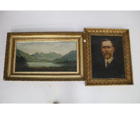 Two oil paintings on canvas in gilt frames. Consisting of a portrait of a gentleman 34cm x 45cm and a landscape of a lake and