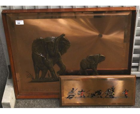Three contemporary copper plaques. Comprising a scene of a giraffe, signed 'Gladstone', 63cm x 48cm, two elephants, 52cm x 63