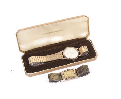 Two gentleman's 9ct gold cased bracelet watches. Comprising; Helvetia, a rectangular wristwatch circa 1939, with a Swiss tonn