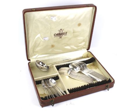A French canteen of silver plated flatware by Orbrille. Including 12 teaspoons, 12 forks and 12 dessert spoons and a ladle (N