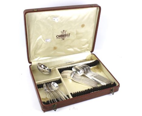 A French canteen of silver plated flatware by Orbrille. Including 12 teaspoons, 12 forks and 12 dessert spoons and a ladle (N