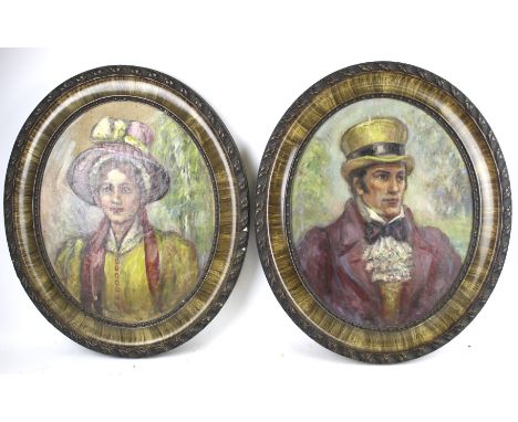 A 20th century oil on board portrait. Of oval form, depicting a young man and woman, 48cm x 39cm, framed and glazed