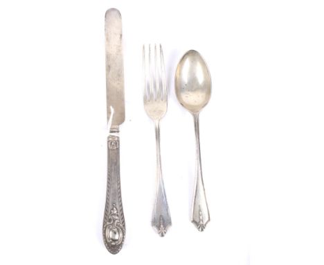A silver christening knife, fork &amp; spoon. Various patterns, dates and makers, 89g gross