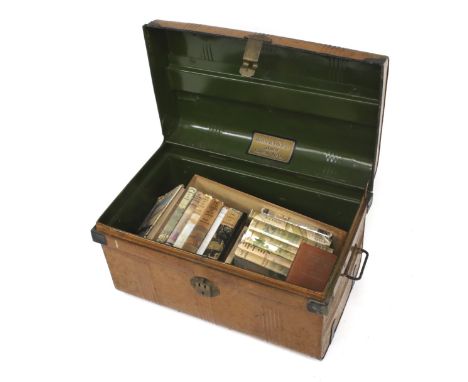 A vintage Japanned metal travelling trunk containing books.  The books mostly travelling related. L60cm x D39cm x H37cm