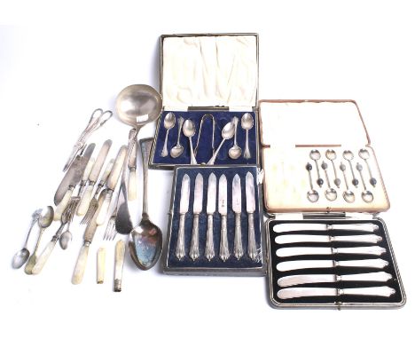 A collection of silver and plated flatware. To include; a set of six silver teaspoons and a tongs, in a fitted case; 115g; ei